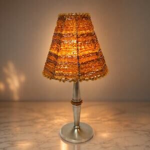 Vintage Amber Beaded Shade Votive Tea Light Candle Holder Pewter Base 10" high